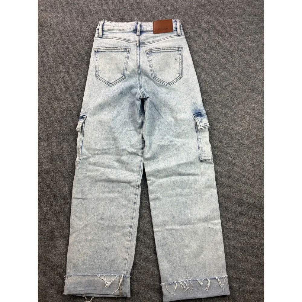 Hidden Cargo Jeans Womens 24 Light Blue Acid Wash Wide Leg Raw Hem Utility